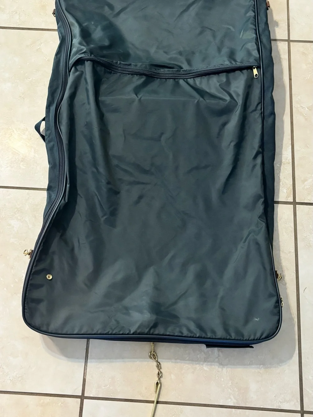 Express Navy Garment Bag with Brown Trim and Hanging Hook
